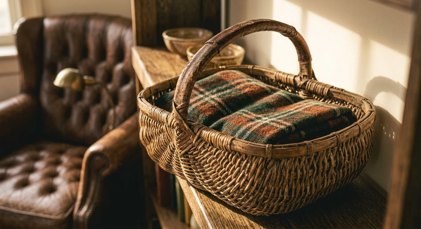 A vintage woven basket with a worn leather handle placed beside a reading chair, holding a folded wool blanket, warm afternoon light emphasizing the basket's aged, textured weave, close angled shot.