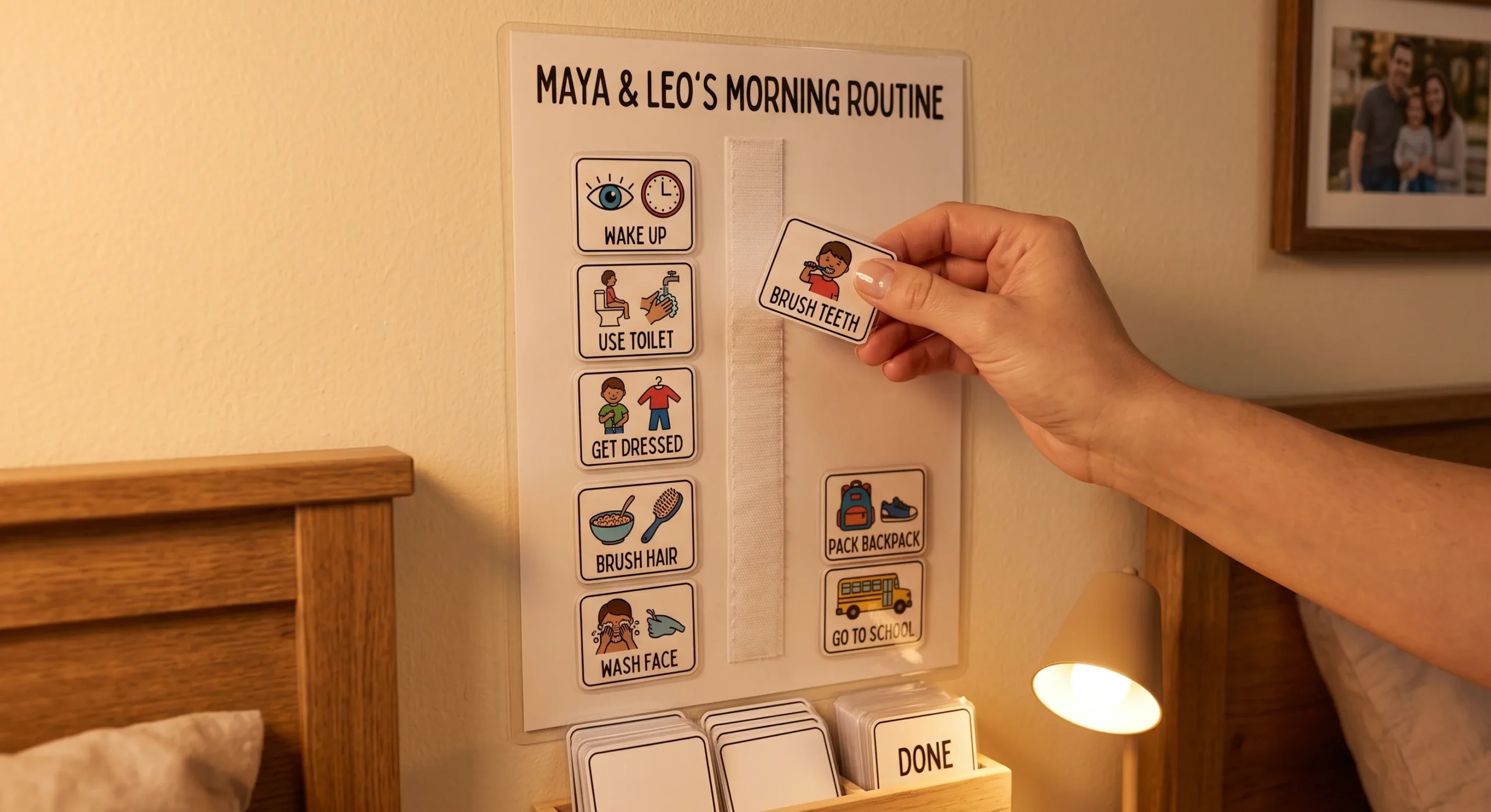A laminated visual schedule with picture cards showing morning routine steps in sequence, velcro-attached and removable, warm bedroom wall light, close shot emphasizing the sequential picture cards.