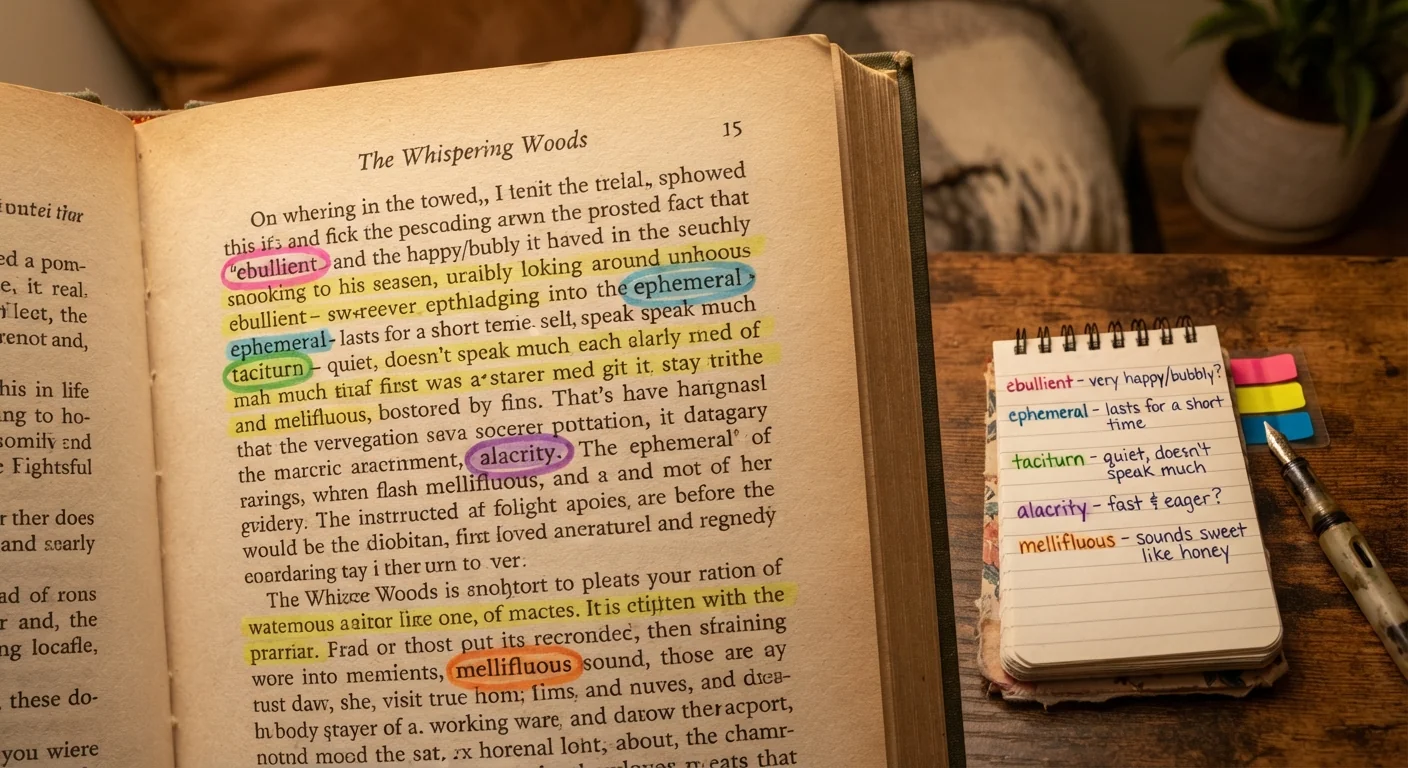 Book page with several words circled in marker, beside a notebook with guessed meanings written in it