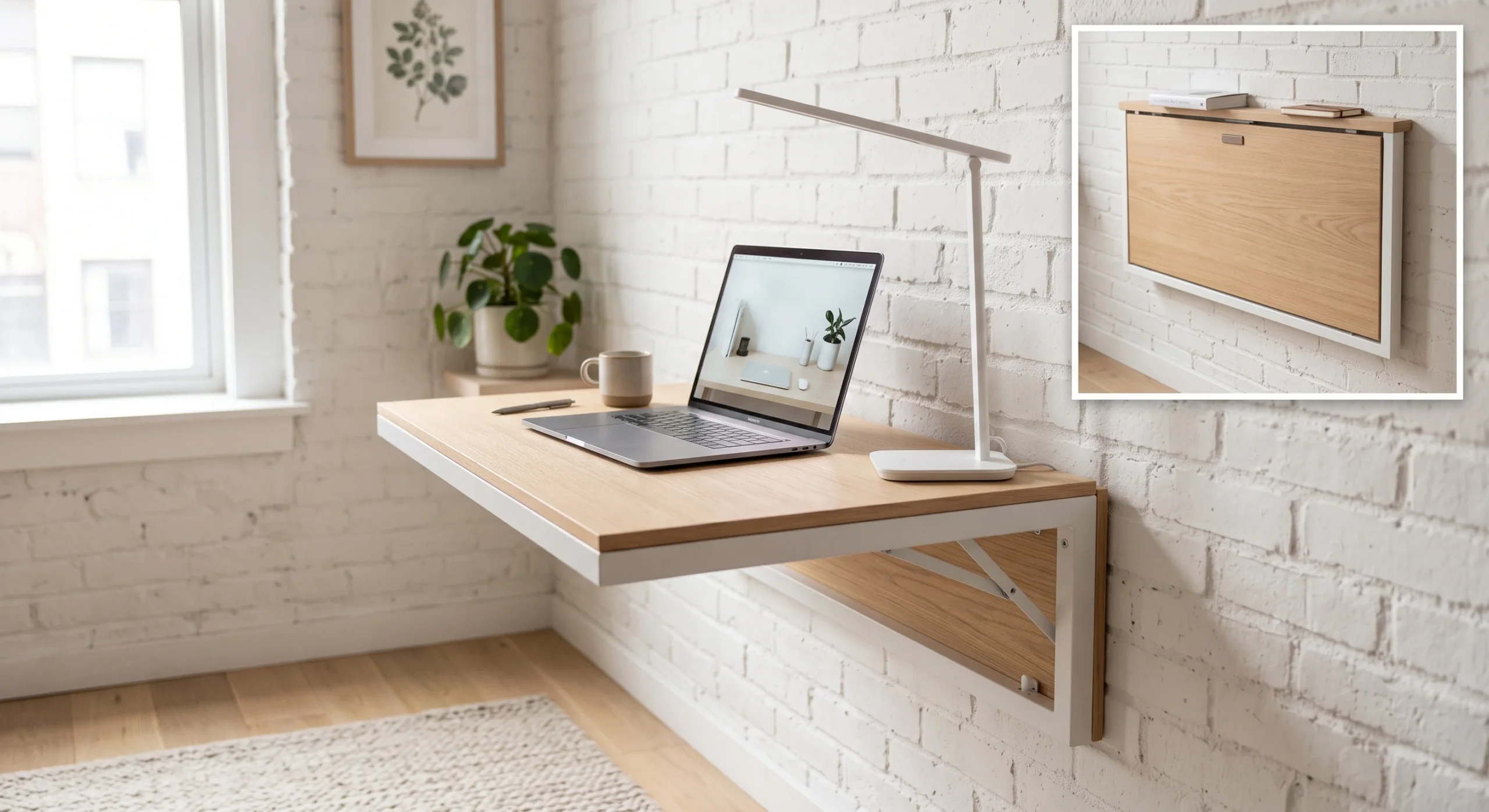 A slim fold-down wall-mounted desk in the open position, holding a laptop and small desk lamp, folded flat against the wall in an inset smaller image detail, soft daylight, close side-angle composition emphasizing the desk's minimal depth.