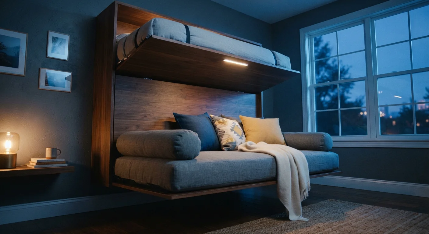 Low-angle shot looking up at a wall-mounted fold-down bed in its folded position, cushions arranged on the front panel to double as a daybed, blue-hour dusk light filling the room.