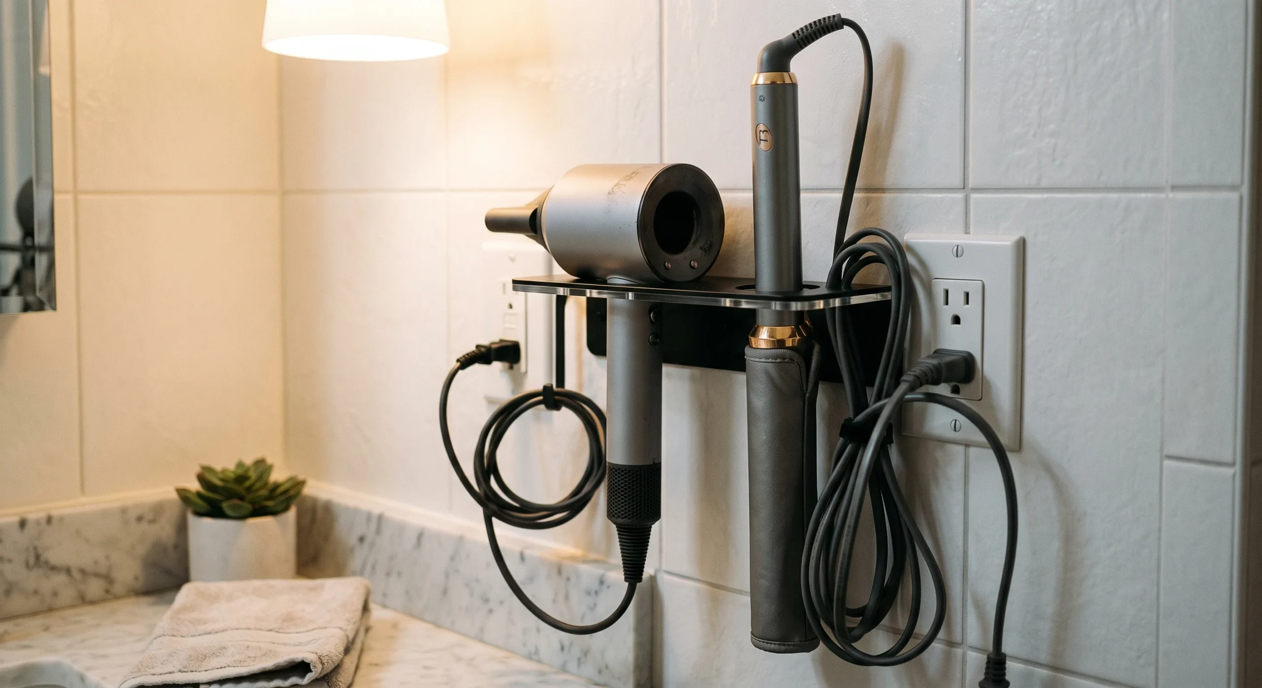 A wall-mounted heat-resistant holder near an outlet, holding a hair dryer and a curling iron upright, warm bathroom light, close side-angle shot emphasizing the tools stored vertically off the counter.