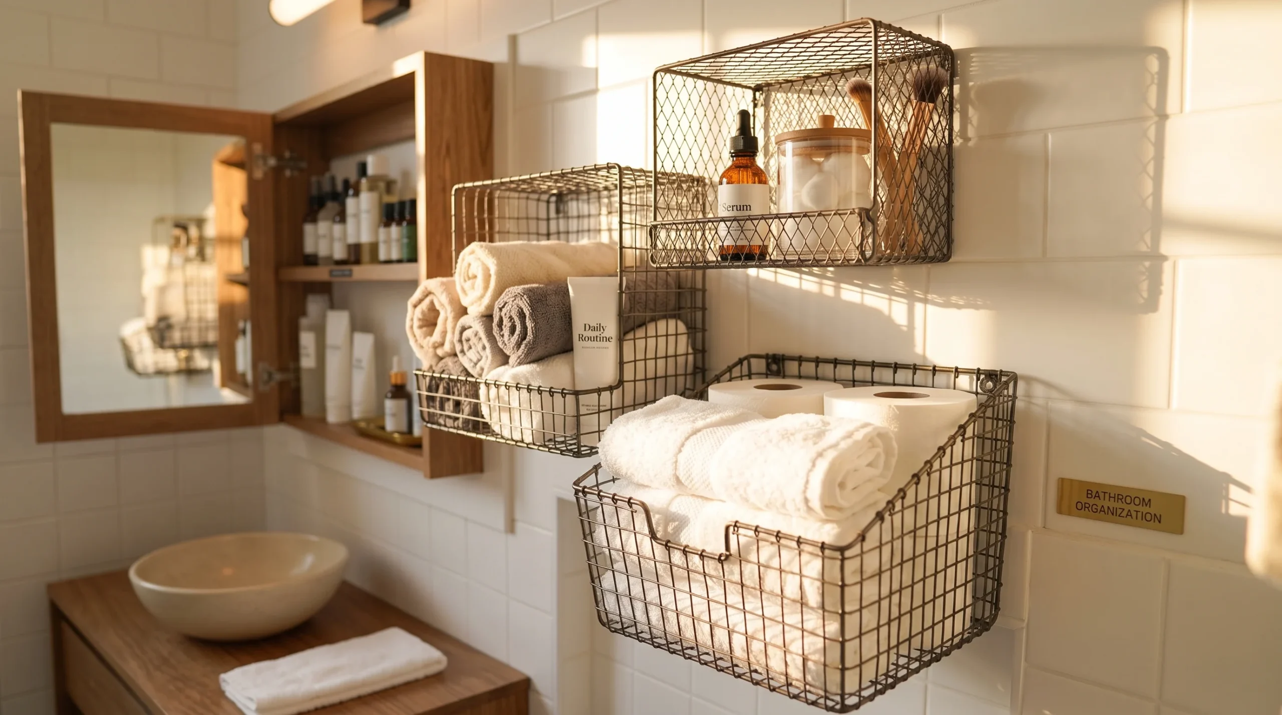 A cluster of three wire mesh baskets mounted on a bathroom wall, holding rolled towels and toiletries, warm afternoon light, close angled shot emphasizing the open mesh texture and varied basket heights.