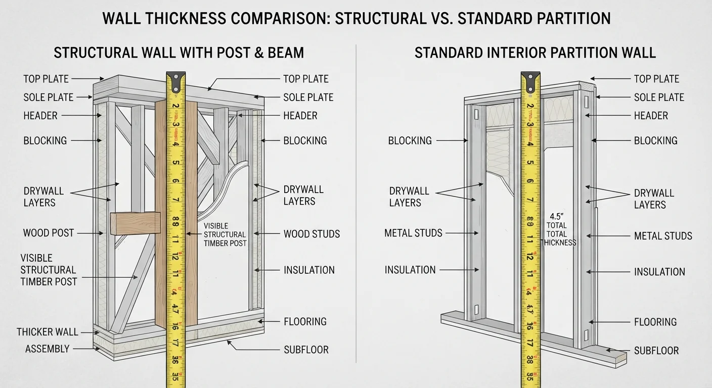 Close-up cross-section illustration comparing a thicker interior wall containing a visible wood beam against a thinner standard partition wall, labeled measuring tape overlay, clean technical diagram style, neutral gray and white tones, educational architectural composition.