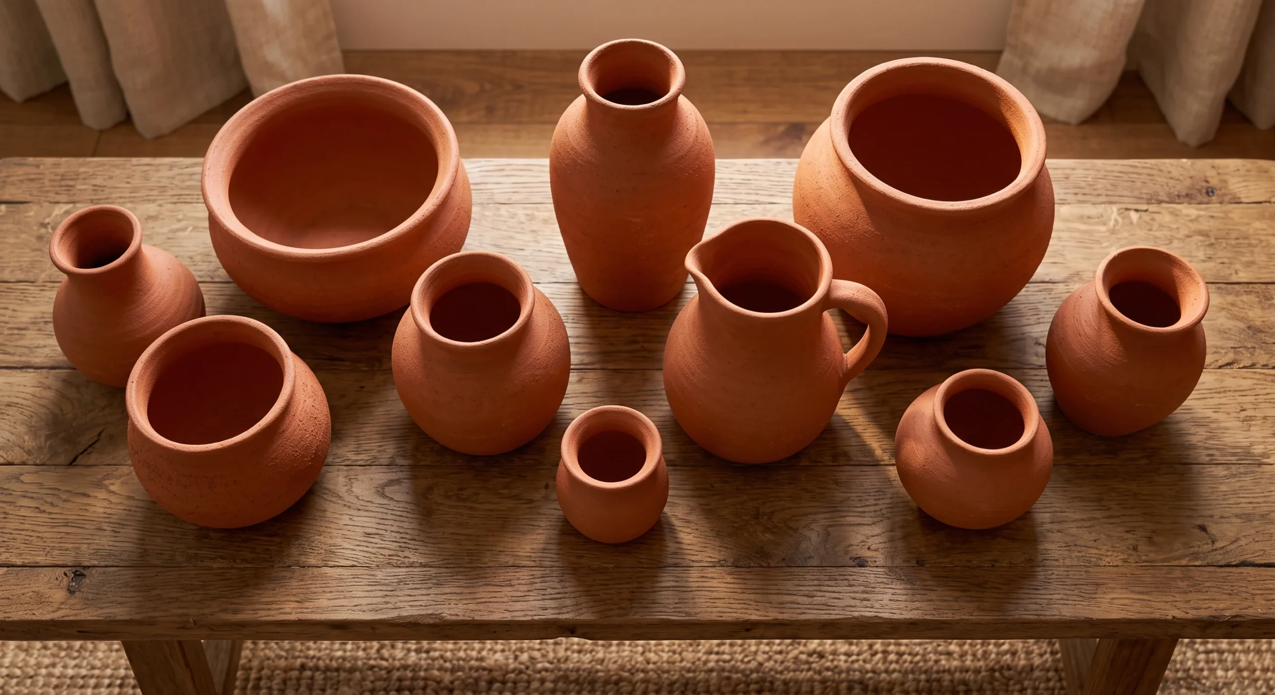 A collection of unglazed terracotta pottery vessels in varying sizes arranged on a wooden shelf, warm natural light casting soft shadows, close overhead shot emphasizing the pottery's raw, earthy texture.
