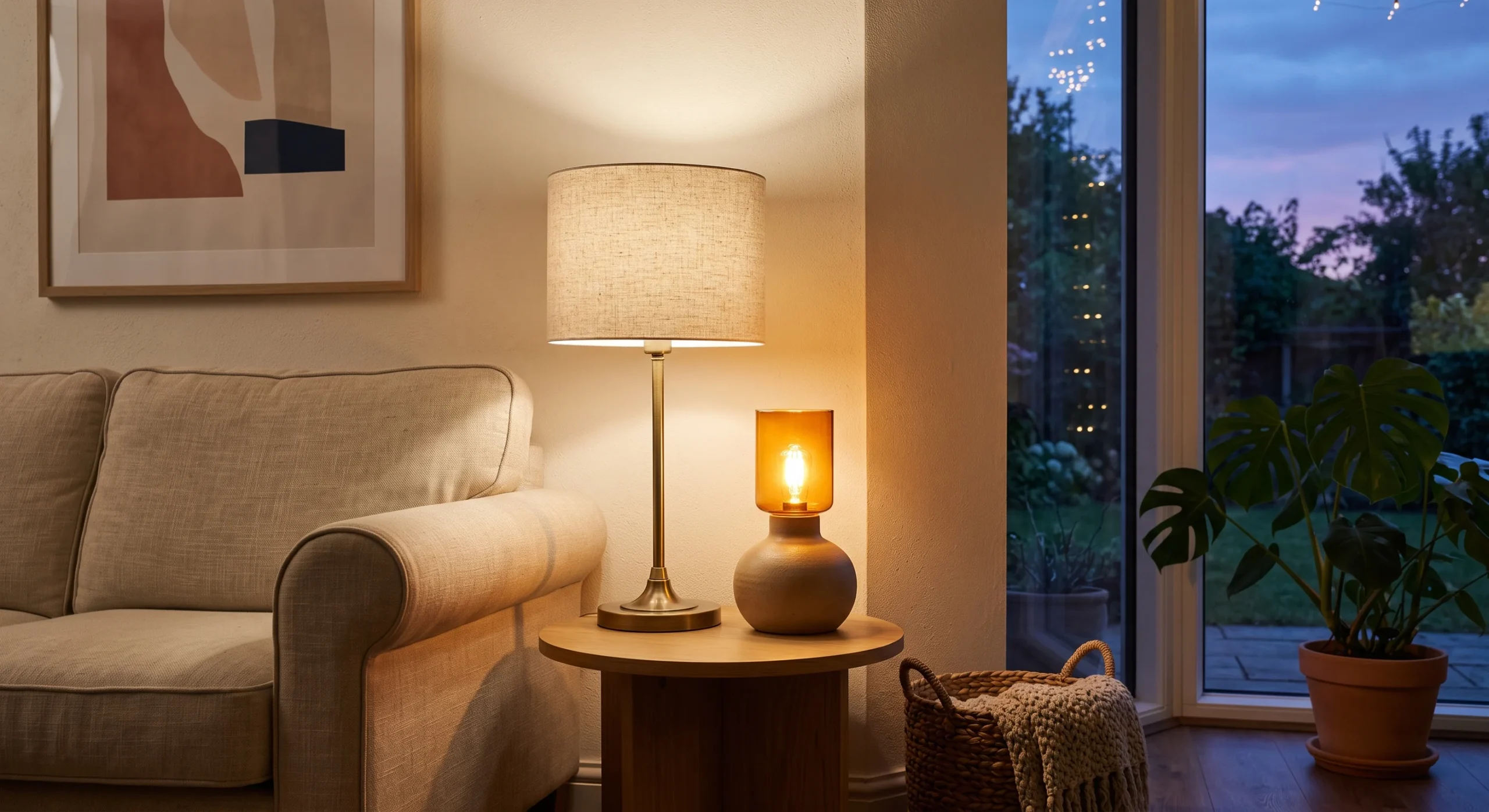 A living room corner at dusk with two different table lamps --- one brass with a linen shade, one ceramic with a warm amber glow --- positioned at different heights beside a linen sofa, soft ambient lighting, cozy evening mood, slightly low eye-level angle.