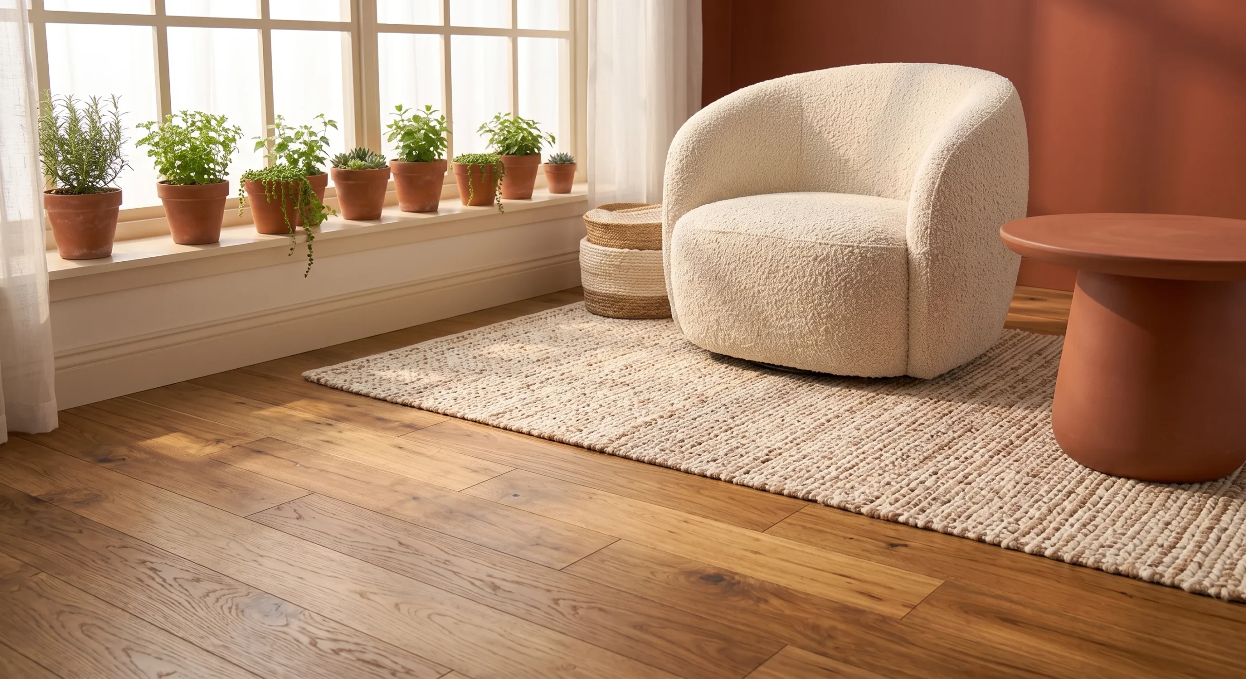 Warm honey-toned wood flooring stretching beneath a cream rug and terracotta side table, soft natural light emphasizing the wood grain, wide shot capturing the flooring's role as a foundation for the room's palette.