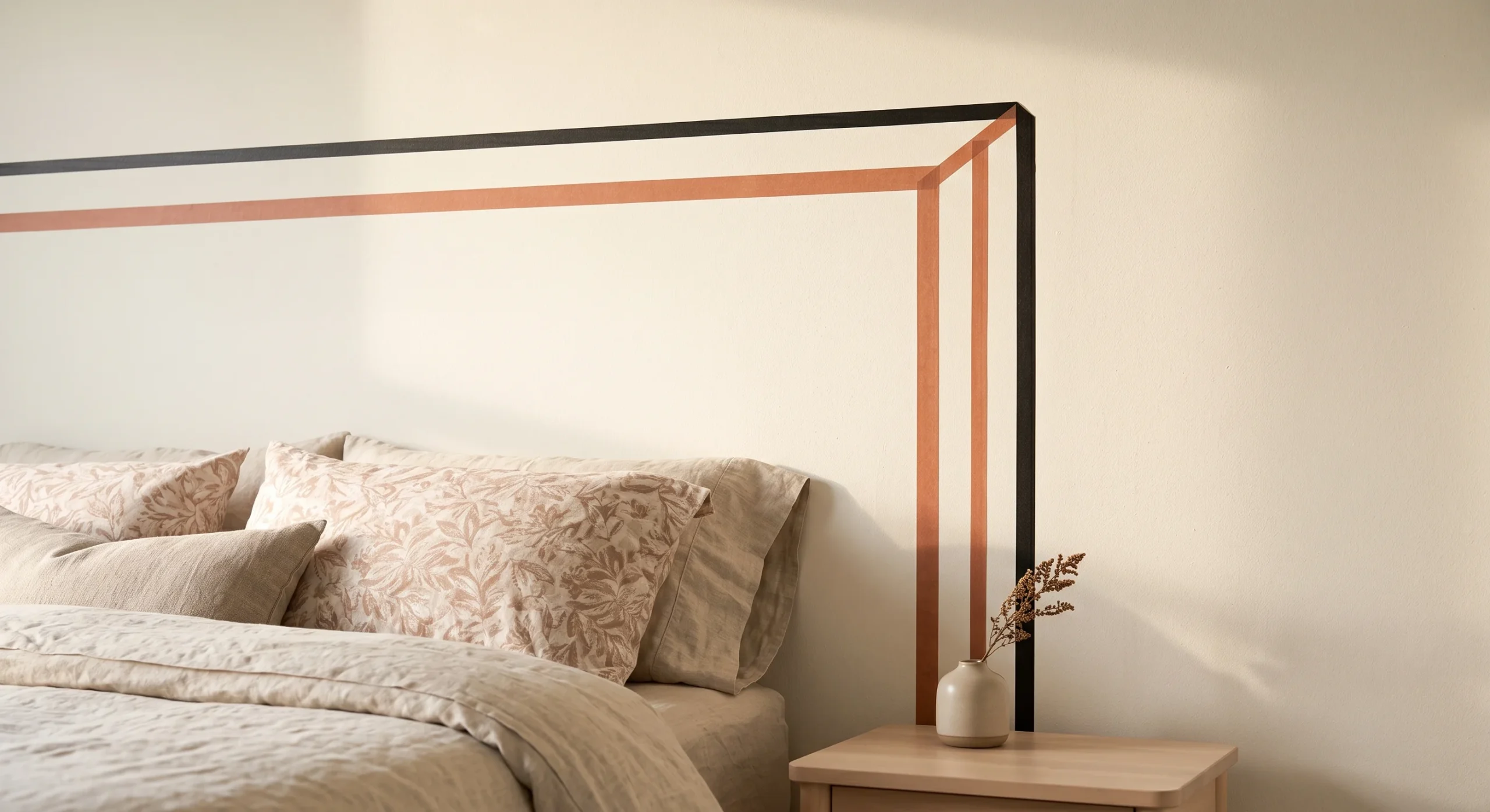 A thin black and terracotta washi tape outline forming a rectangular headboard shape on a plain cream wall above a neatly made bed, soft morning light, minimal styling, close crop showing the crisp taped corner detail.