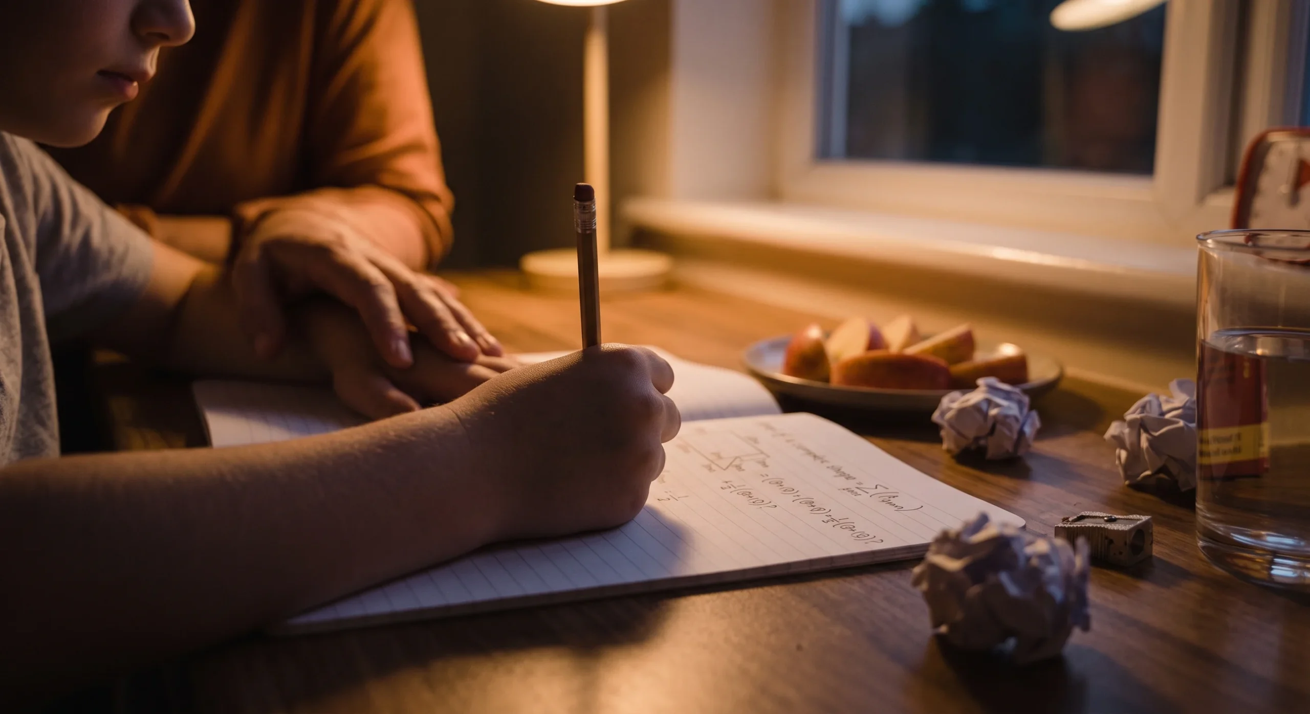 A child's hand gripping a pencil tightly with an eraser worn thin, crumpled paper visible nearby, a parent's hand resting gently on the child's shoulder, warm dim evening light, close shot emphasizing the tension and the supportive gesture.