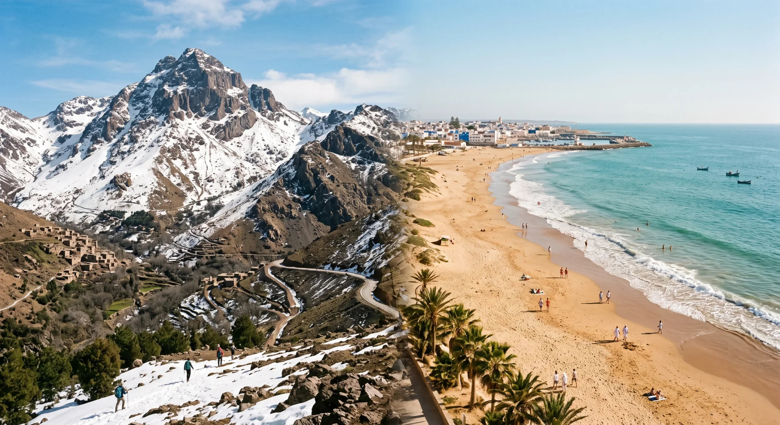 Split-feel wide landscape shot showing Morocco's climate variety, a snow-dusted Atlas Mountain peak on one side transitioning to a warm coastal beach scene on the other, natural daylight, expansive geographic documentary composition.