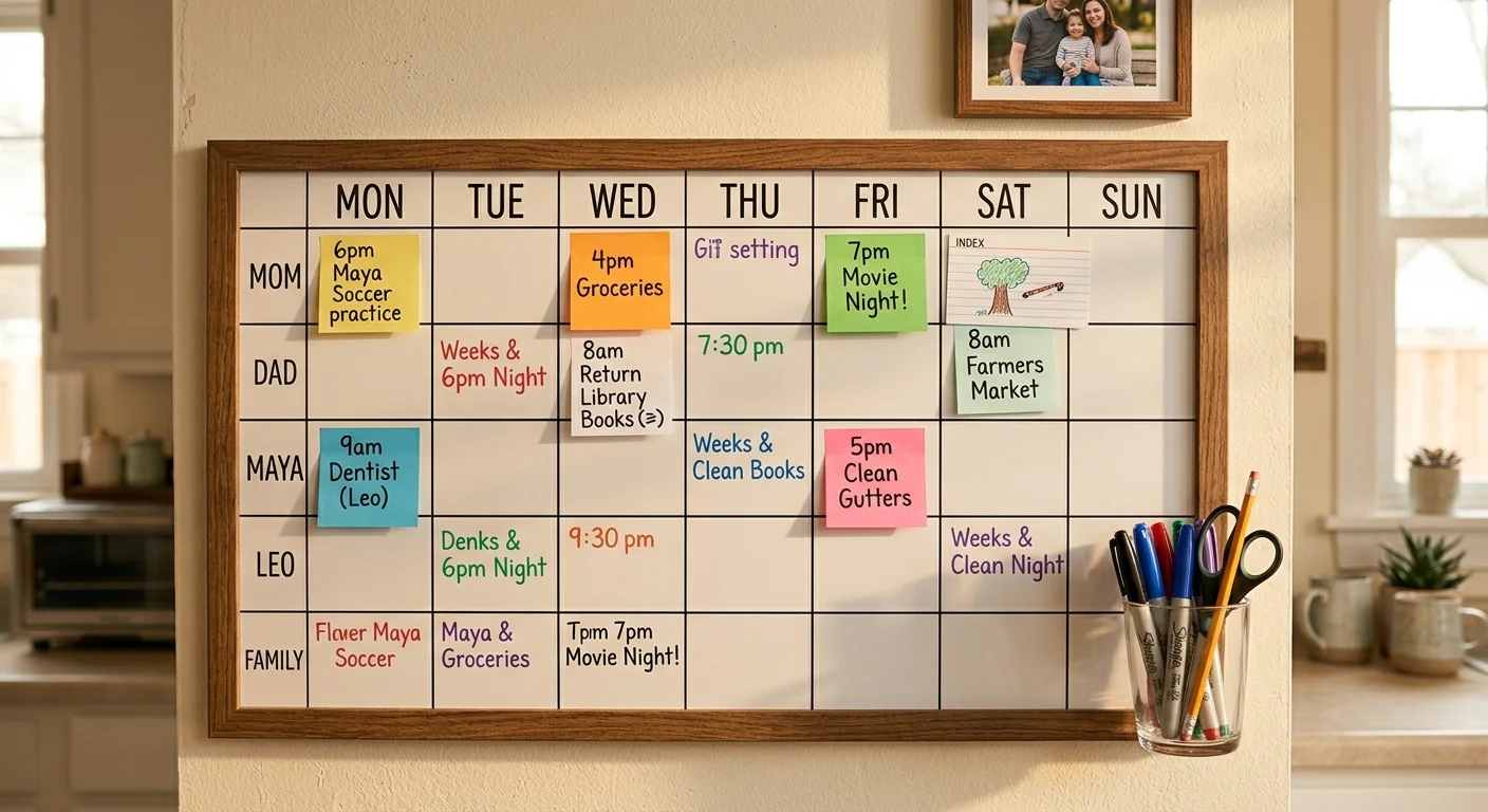 A wall-mounted weekly planner with each day labeled and a few sticky notes attached, a cup of markers nearby, warm afternoon light, close straight-on shot emphasizing the week-at-a-glance layout.