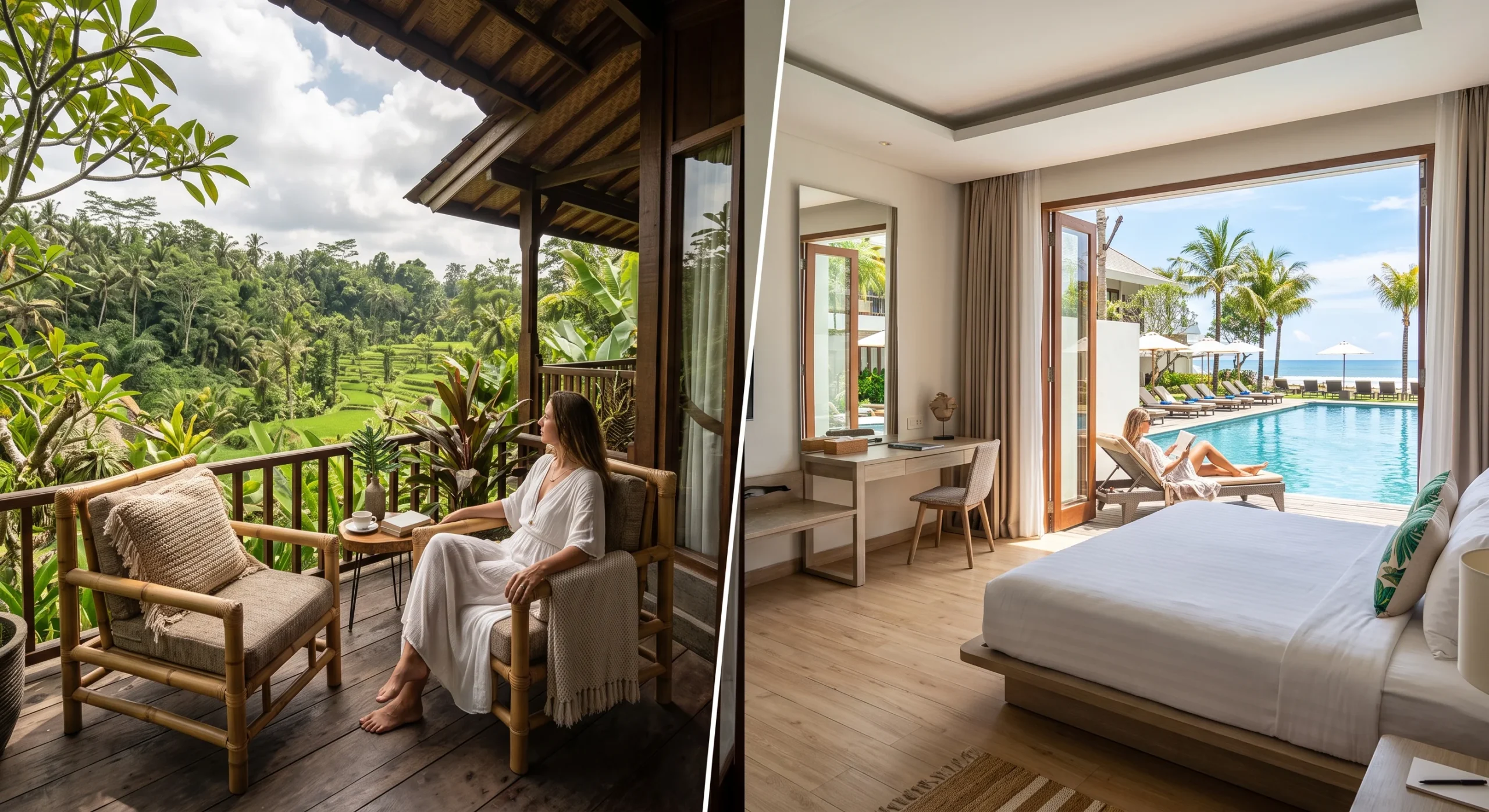 A split visual feel of two Bali accommodation styles: a quiet jungle-view Ubud villa balcony on one side and a breezy Seminyak poolside room on the other, warm natural light on both, wide comparative composition.