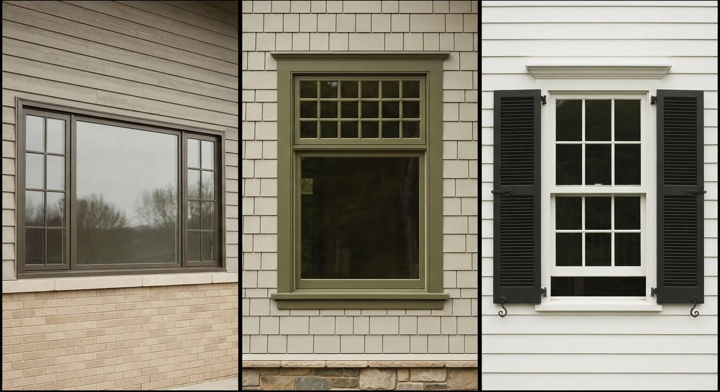 Close-up architectural comparison of three window styles on a wall surface: a wide horizontal ranch picture window, a Craftsman window with multi-pane upper sash over a single lower pane, and a tall symmetrical Colonial double-hung window with shutters, soft daylight, detailed editorial photography.