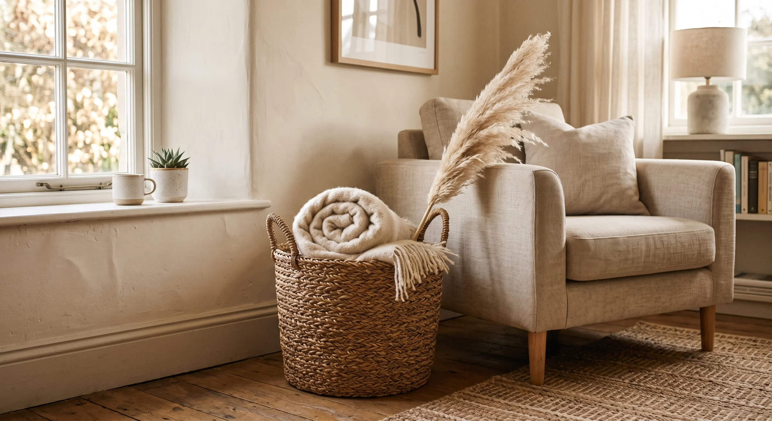 A large woven seagrass basket sitting in a living room corner beside a linen armchair, holding a rolled cream throw blanket and a dried pampas grass stem, warm natural light from a nearby window, textured neutral tones, slightly low eye-level camera angle.