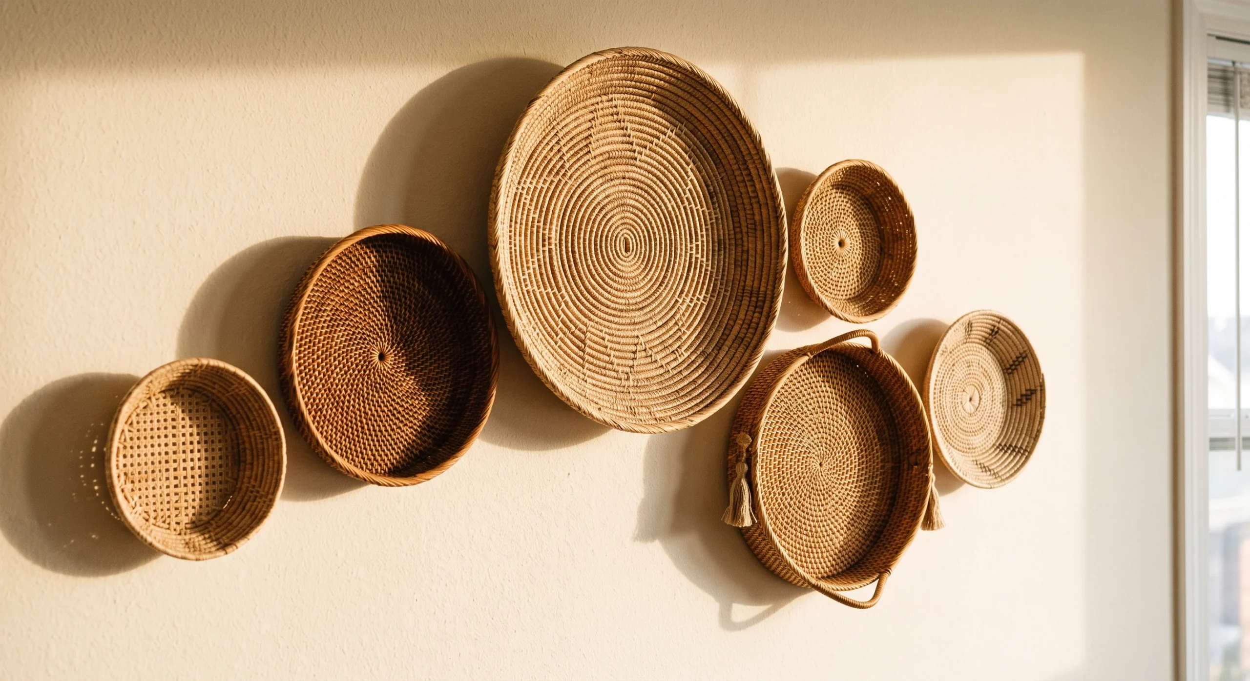 A loose asymmetric cluster of six flat woven rattan baskets on a plain cream wall, warm afternoon light casting soft shadows from each basket, close shot emphasizing texture and organic arrangement rather than a rigid grid.