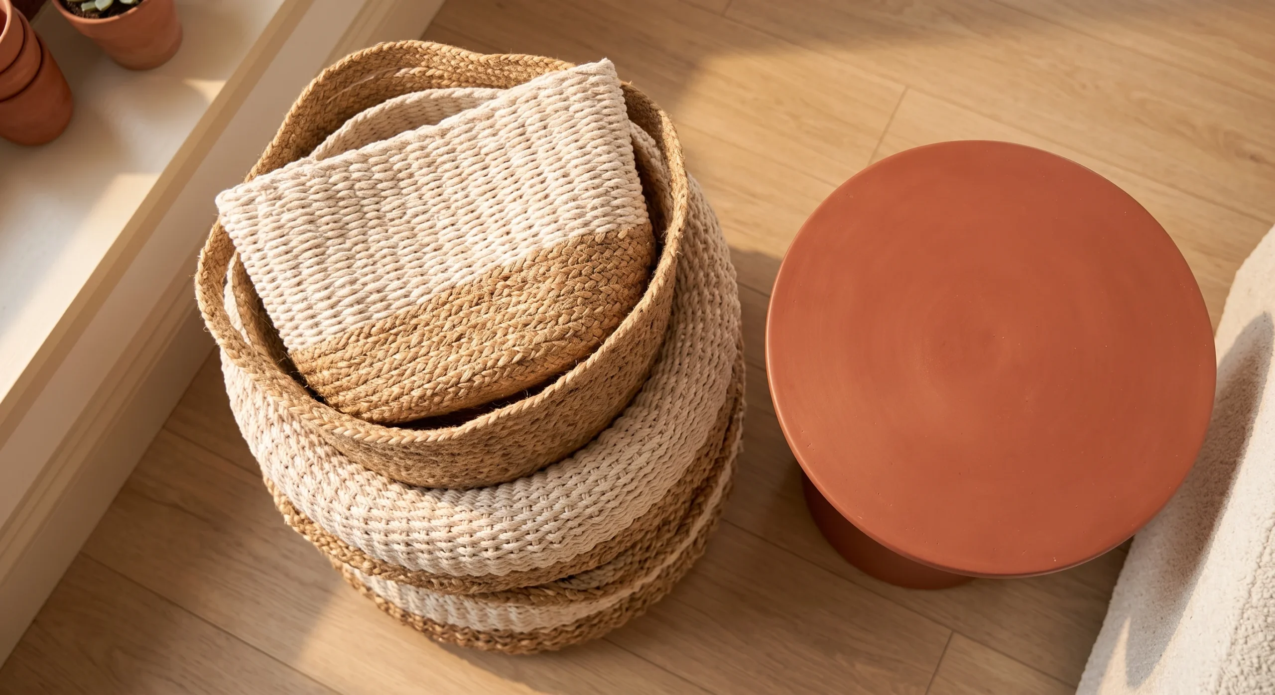 A stack of woven cream and natural fiber baskets beside a terracotta side table, warm natural light, close overhead shot emphasizing the baskets' textured weave against the smooth terracotta surface.