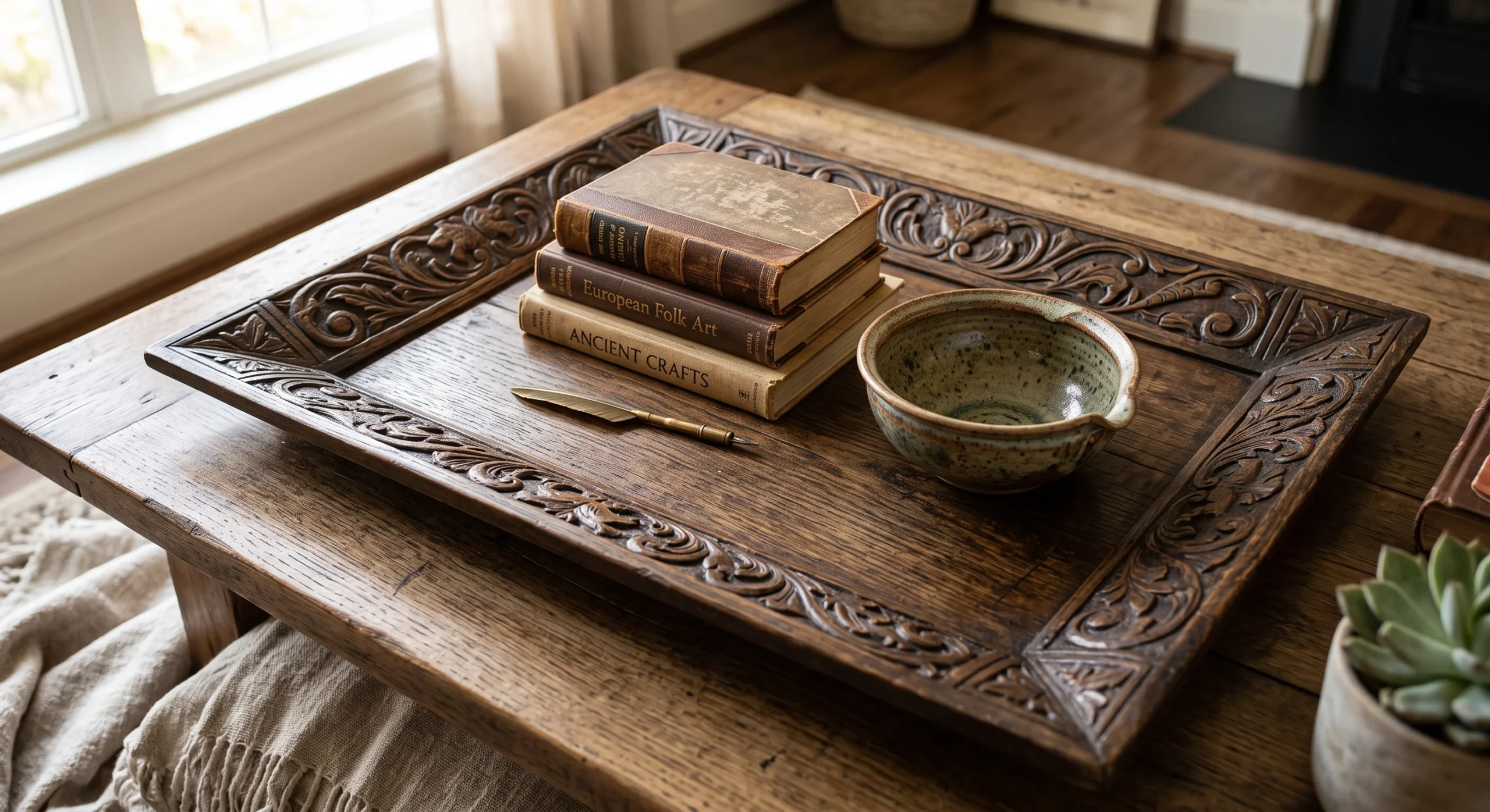 A natural woven jute rug beneath a low coffee table, warm afternoon light highlighting the rug's textured weave pattern, close overhead shot emphasizing the organic texture against a minimal room.