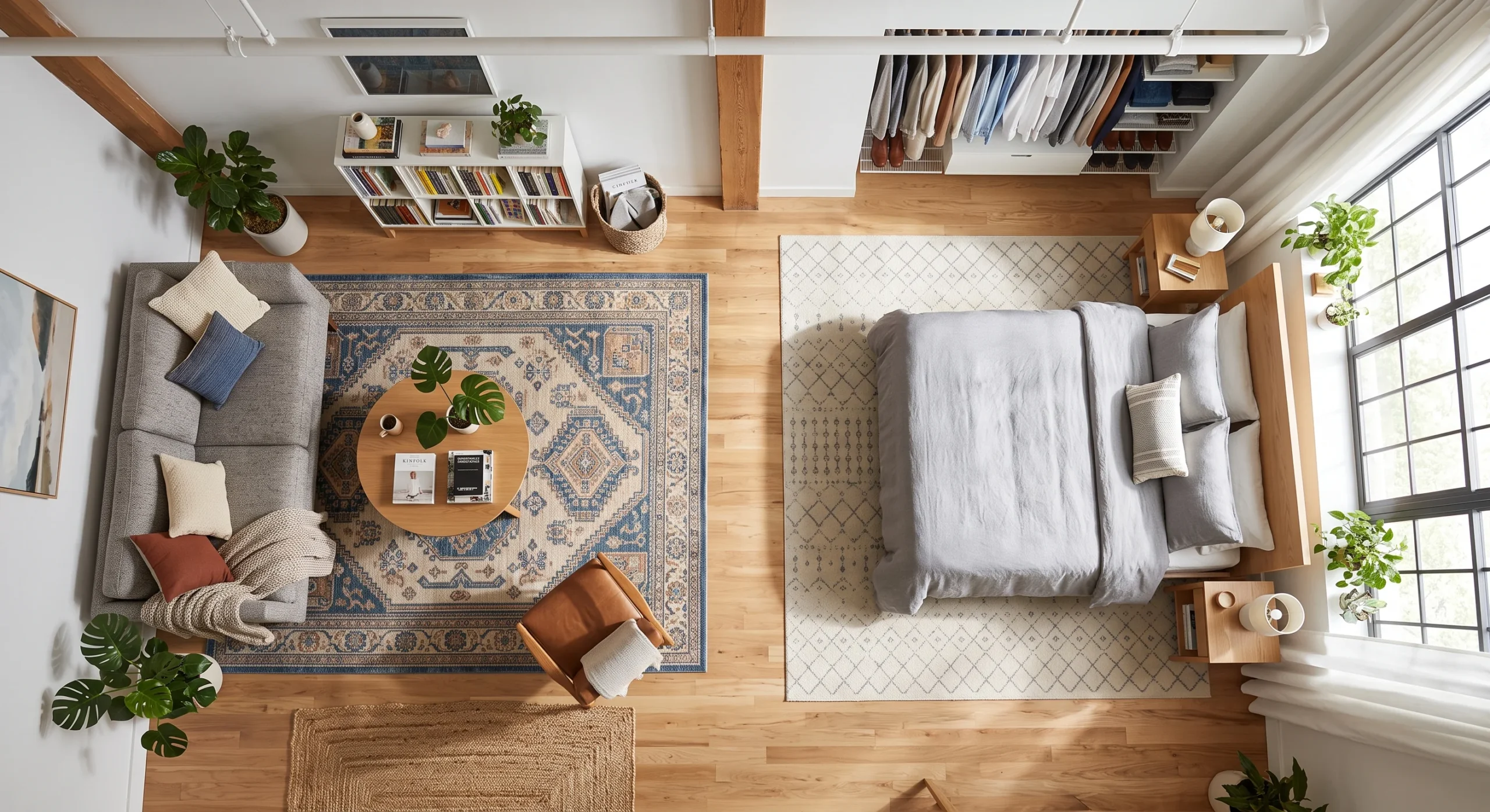 Two distinct area rugs placed beneath a living zone and a sleeping zone within one open studio floor plan, soft natural light crossing both zones, wide overhead-angle shot showing the visual boundary the rugs create between spaces.