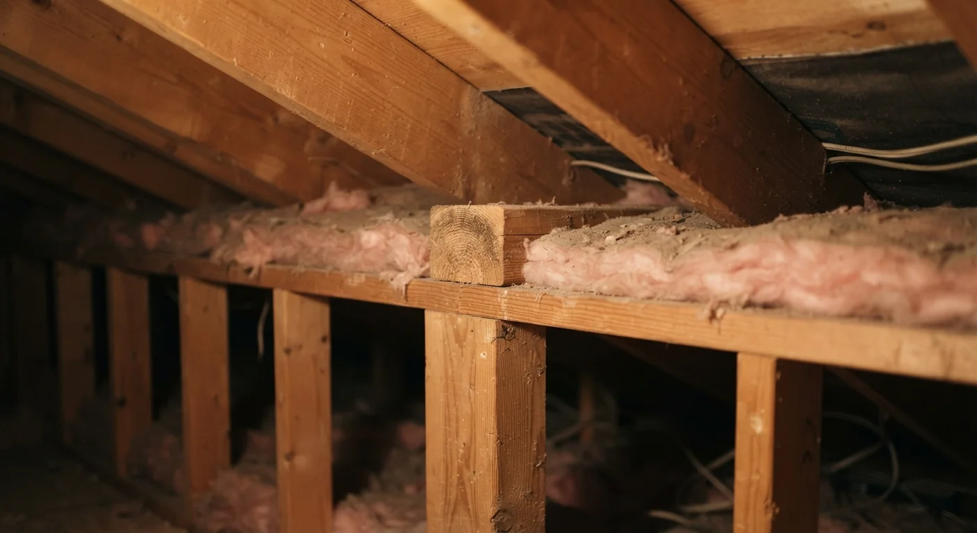 Wooden ceiling joists crossing at right angles over the top of an interior wall frame in an unfinished attic