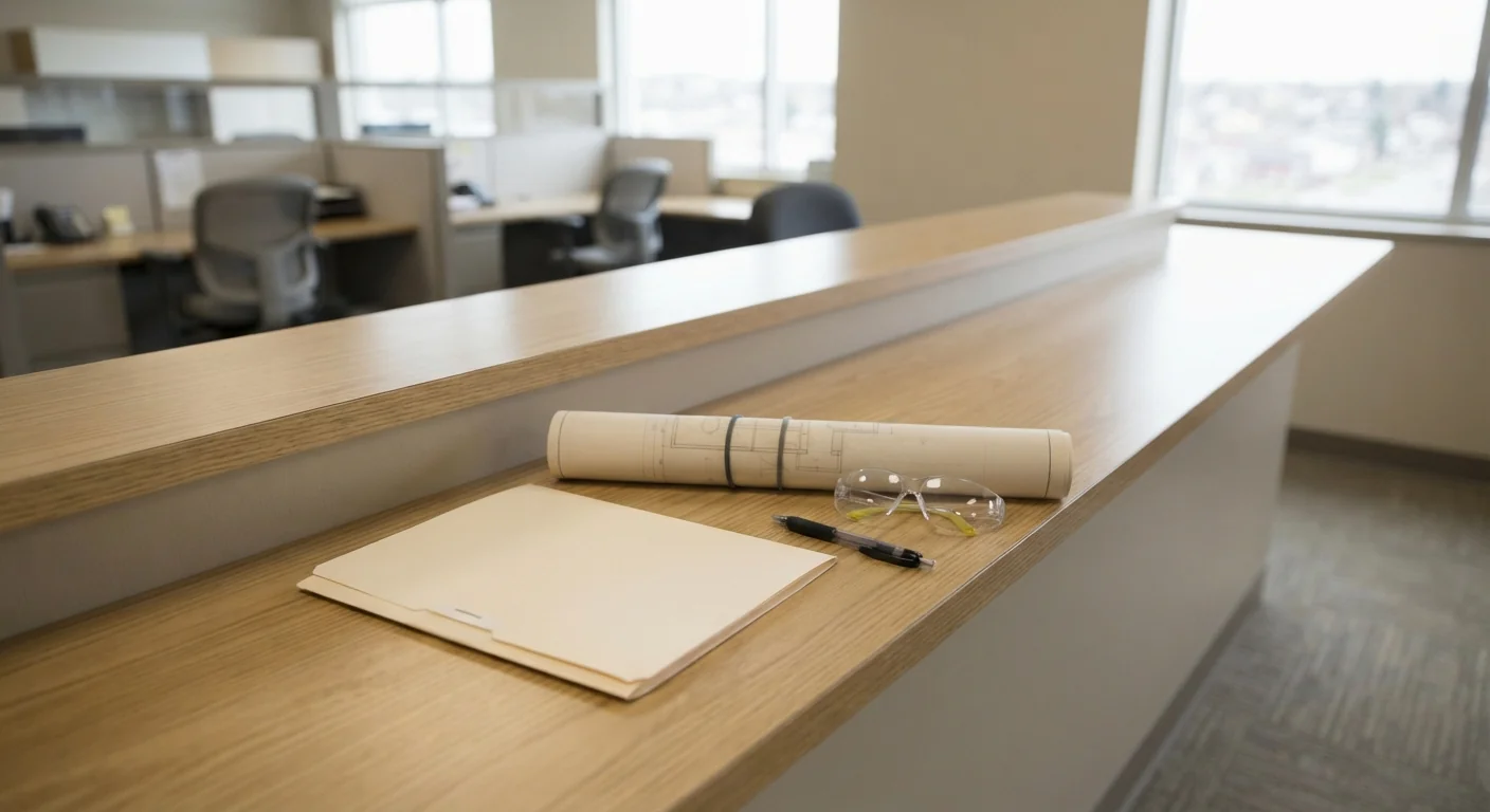 Service counter at a building office with a closed folder, rolled plans, a pen and safety glasses