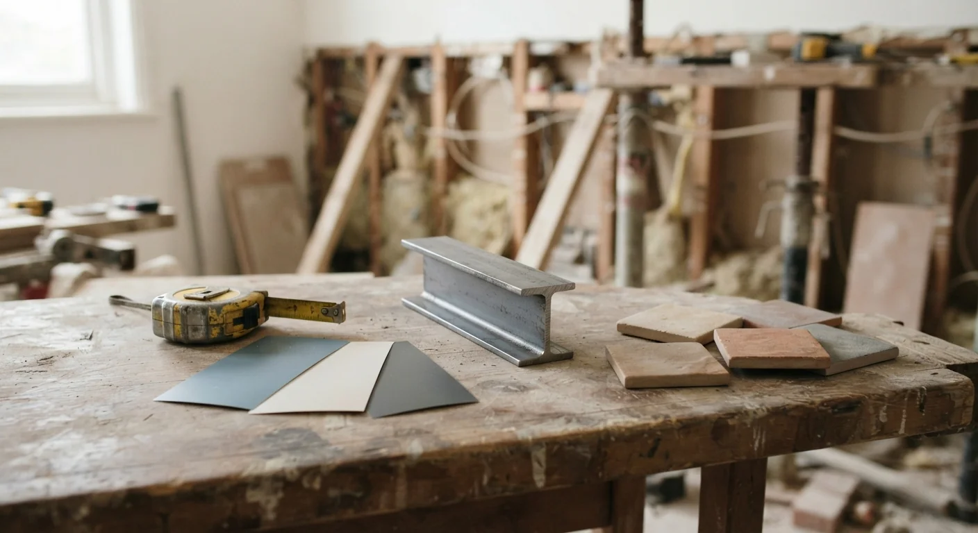 Steel beam sample, tape measure and finish samples on a table, with a wall opening and props behind