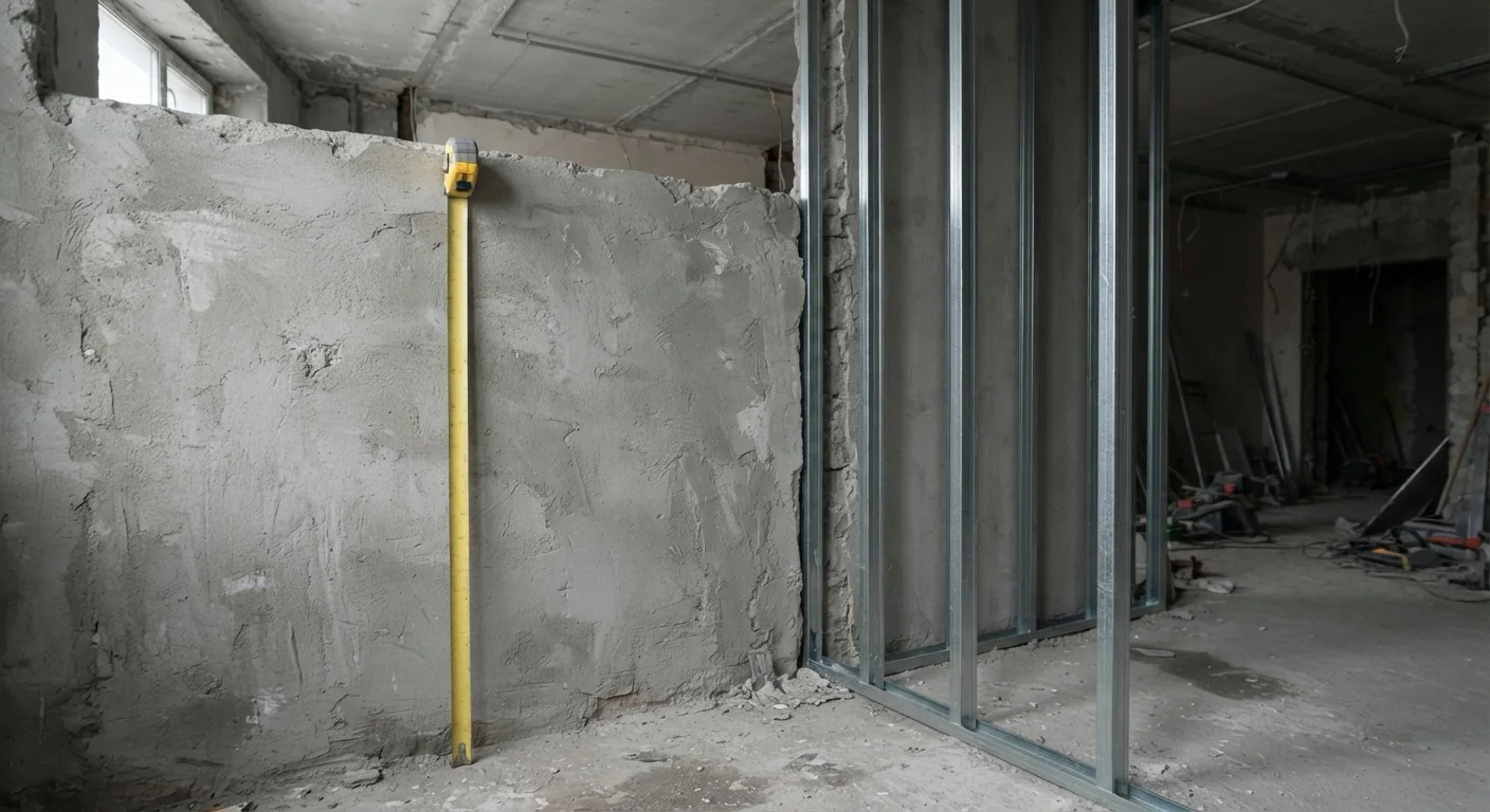 Thick plastered wall beside a thin metal-stud partition in a gutted room, with a tape measure against the thick wall